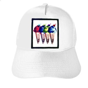 May include: White baseball cap featuring a square graphic of four colorful ice cream cones in waffle cones. The ice cream scoops are red, blue, green, and blue, each topped with a cherry. The graphic is framed in a black border.