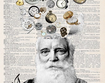 May include: A black and white portrait of a man with a long white beard. The man is surrounded by vintage pocket watches with Roman numeral faces. The image is overlaid with text from a dictionary page.