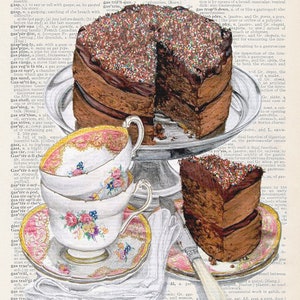 May include: A chocolate cake with colorful sprinkles is displayed on a glass cake stand. Beside it, a stack of floral-decorated teacups and saucers sits on a table with a white napkin and a silver knife.