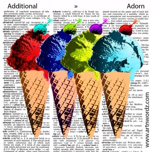 May include: Three ice cream cones with different colored scoops of ice cream. The cones are stacked on top of each other and are partially obscured by a dictionary page with the word "Adorn" highlighted. The ice cream scoops are red, blue, and green.
