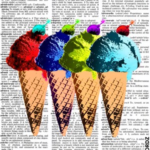 May include: Three colorful ice cream cones with a waffle cone texture. The cones are red, blue, green, and yellow. The cones are arranged in a W shape. The background is a page from a dictionary with the word "Adorn" highlighted.