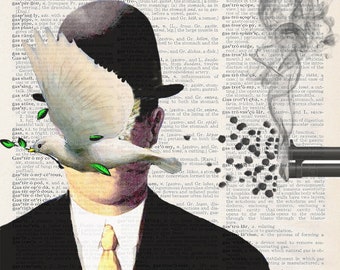 May include: A man in a black suit and a yellow tie is depicted with a white dove flying over his head. The image is a collage with text from a dictionary page in the background. The text includes definitions for words related to the stomach and digestive system.