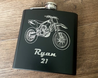 Personalised Off Road Trials Motocross Dirt Motorcycle Hip Flask - Choice of Colours - Superb Engraved Bikers Adventure Enduro Gift Idea