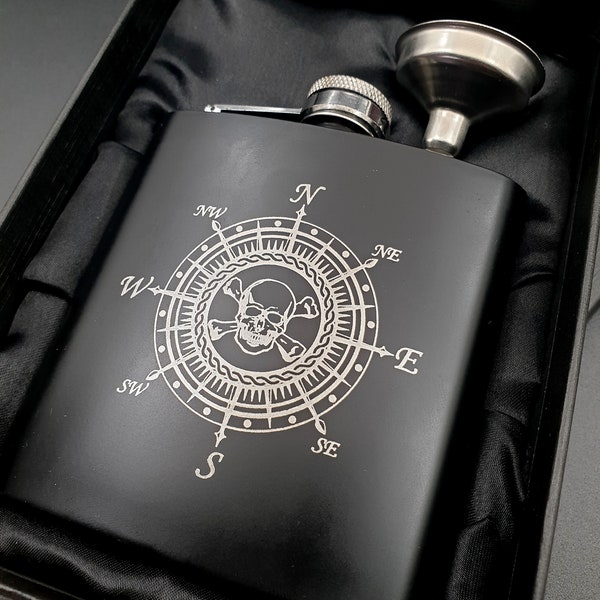 Personalised Skull Compass Hip flask - Novelty Gothic Rocker Halloween Themed Gift Idea with Choice of Colours and Box