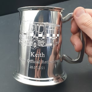 Personalised Fire Engine Pewter Tankard - 1 Pint Hand Made Gift - Engraved Firefighter Retirement Birthday Wedding Gift Idea