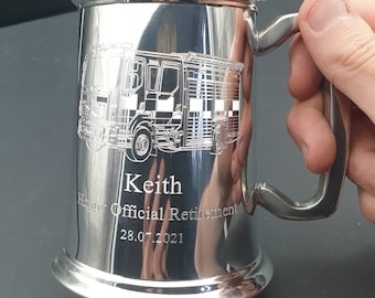 Tanque de peltre personalizado para camiones de bomberos - Regalo hecho a mano de 1 pinta - Idea de regalo de boda de cumpleaños de jubilación de bombero grabado