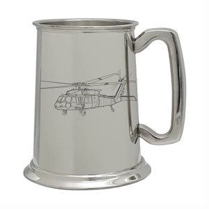 Blackhawk Helicopter One Pint Pewter Tankard -  Diamond Cut Engraving - Military Helicopter Pilot Engineer Army Air Force Gift Award