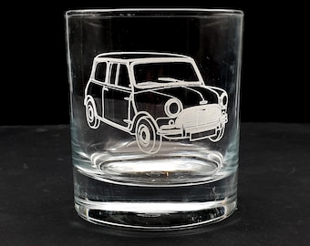 Austin Mini Cooper Motor Car 300ml 10.5oz Tumbler Whisky Glass - EnF Exclusive Design - Great Vintage Car Club Drivers Birthday Wedding Gift