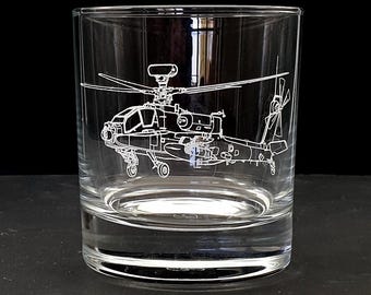 Vaso de cristal personalizado de helicóptero Apache. Regalo militar para piloto, cumpleaños, Navidad, boda o jubilación. Elige tu estilo.