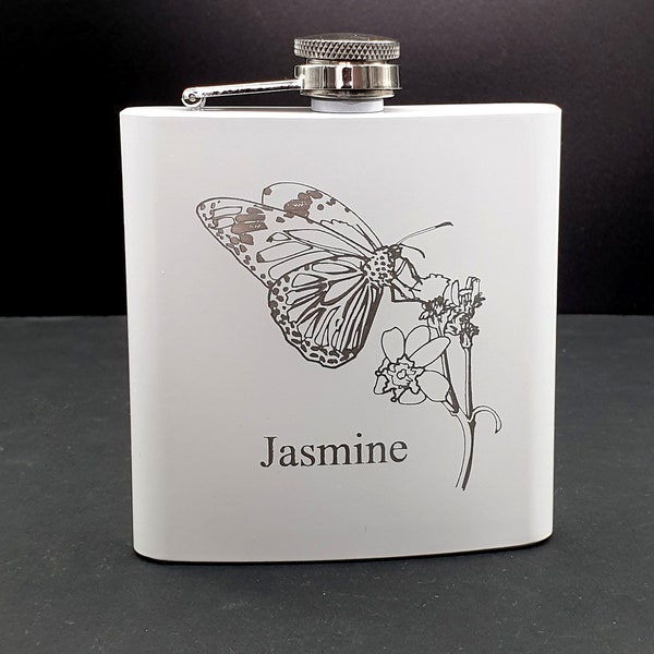 Gift Boxed Beautiful Engraved Butterfly 6oz Stainless Steel  Hip Flask - 8 Colours Available - Exclusive Animal Nature Themed Artwork