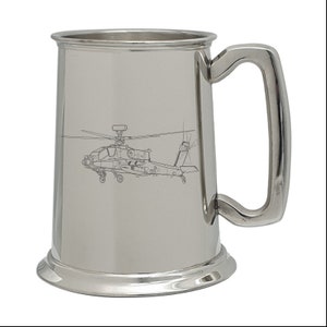 Apache Helicopter One Pint Pewter Tankard -  Diamond Cut Engraving - Military Helicopter Pilot Engineer Army Air Force Gift Award