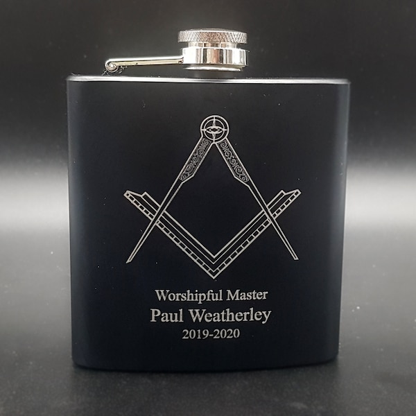 Masons Set Square & Compass 6oz  Hip Flask - Choice of Colours - Design 1 of 4 - Presentation Boxed - Perfect Trophy Prize Award