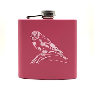 Fiaschetta in acciaio inossidabile da 6 once con bellissimo uccello cardellino inciso in confezione regalo - 8 colori disponibili - Esclusiva opera d'arte a tema animale natura