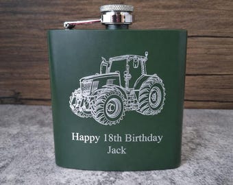 Personalised Farm Tractor Hip Flask - 6oz Steel - Range of Colours - Farming Harvest Countryside Birthday Wedding Retirement Gift Idea