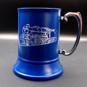 Personalised Steam Train Steel Tankard - 4 Colours - Perfect Railroad Locomotive Museum Clubs, Birthdays, Weddings, Retirements
