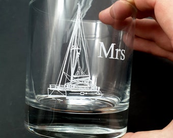 Personalised Catamaran Tumbler Glass - EnF Engraving Design - Birthday Wedding Christmas Sailing Boat Nautical Themed Gift Idea