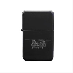 May include: Black lighter with a white outline of a helicopter on the front.