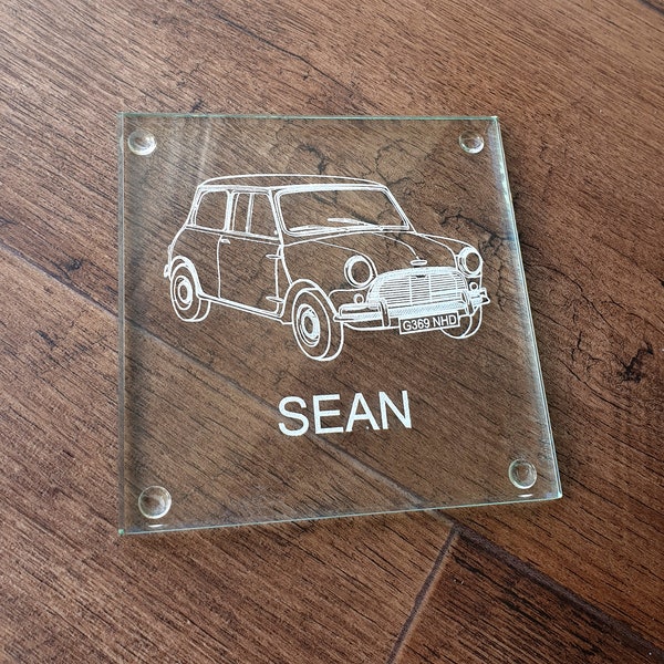 Vintage Mini Cooper Motorcar Glass Drinks Coaster - Great Vintage Car Enthusiast Gift for the Office or Home - Presentation Boxed