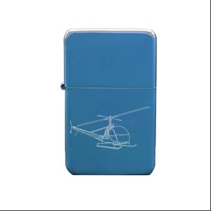 Może przedstawiać: Niebieski zapalniczka z białym konturem helikoptera z przodu.
