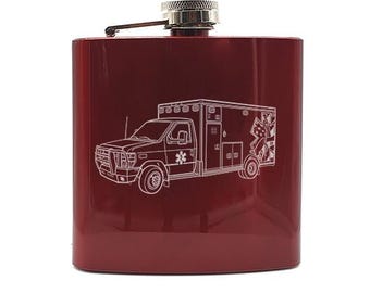Personalised US EMS Ambulance 6oz Steel Hip Flask -  Ideal Personalised Emergency Medical Retirement Wedding Birthday Gift