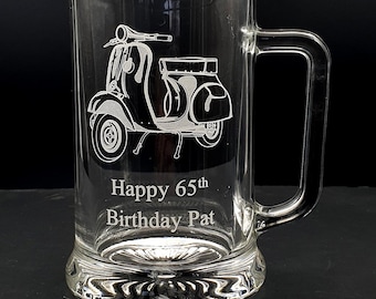 Personalised Vespa Scooter Glass Tankard - Choose Tankard Design - Club Rider Birthday Wedding Retirement Gift