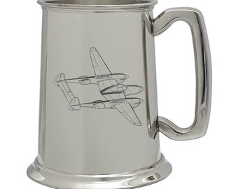 P38 Lightning Aircraft One Pint Pewter Tankard - Reino Unido hecho a mano - Segunda Guerra Mundial - Regalo de jubilación de boda de cumpleaños - Seleccione estilo Tankard