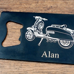 Personalised Lambretta Scooter Bottle Opener - Can Personalised - Great Motorbike Rider club Birthday Wedding Gift, Two Colours Available