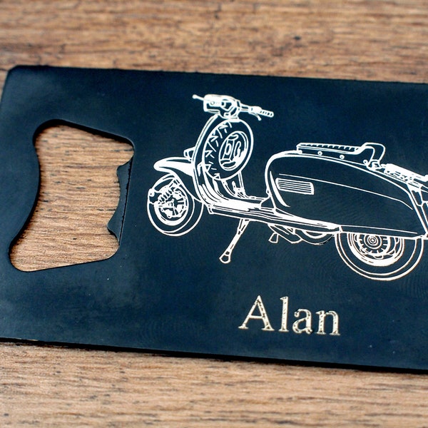 Personalised Lambretta Scooter Bottle Opener - Can Personalised - Great Motorbike Rider club Birthday Wedding Gift, Two Colours Available