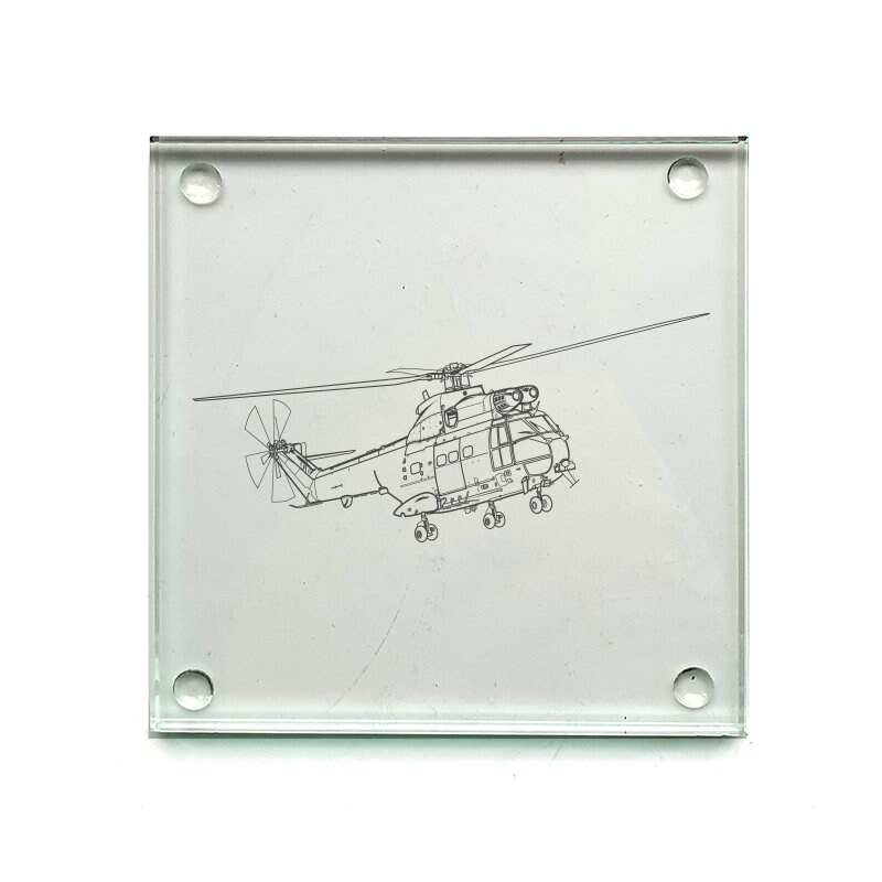 Puma Helicopter Square Glass Drinks Table Coaster - Presentation Boxed - Military Aviation Pilot Engineer Gift Idea for Home Work Office