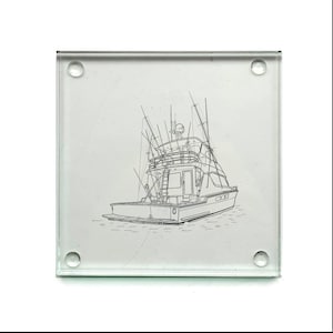 Personalise Fishing Yacht Drinks Coaster - Engraved Glass -  Ocean Nautical Themed Fishing Holiday Seaside Crew Gift Idea