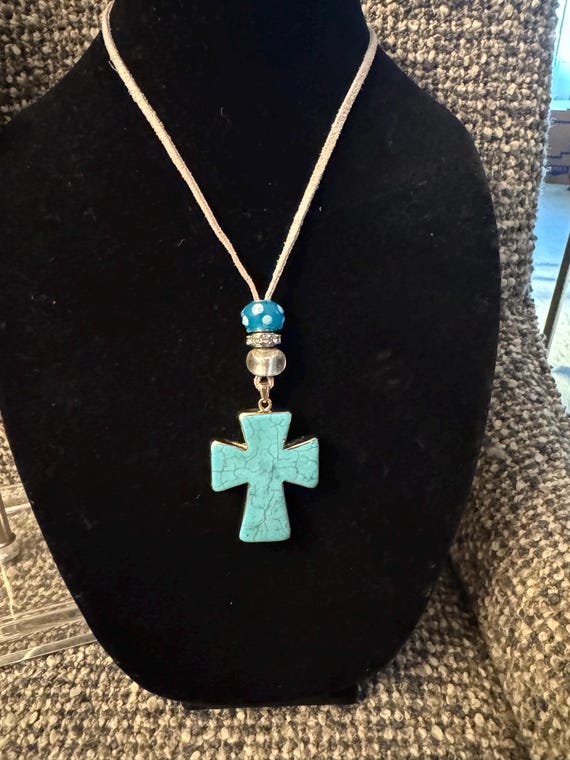 Faux Turquoise  Cross on LeatherWith Glass Beads