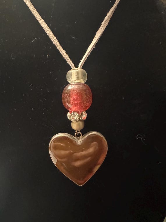 Rose Stone Heart Necklace with Glass beads on Leather