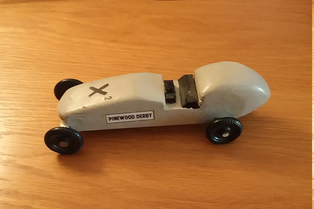 Pinewood Derby Racing Car. Handcarved, Handpainted With Pinewood Derby Decal on Both Sides