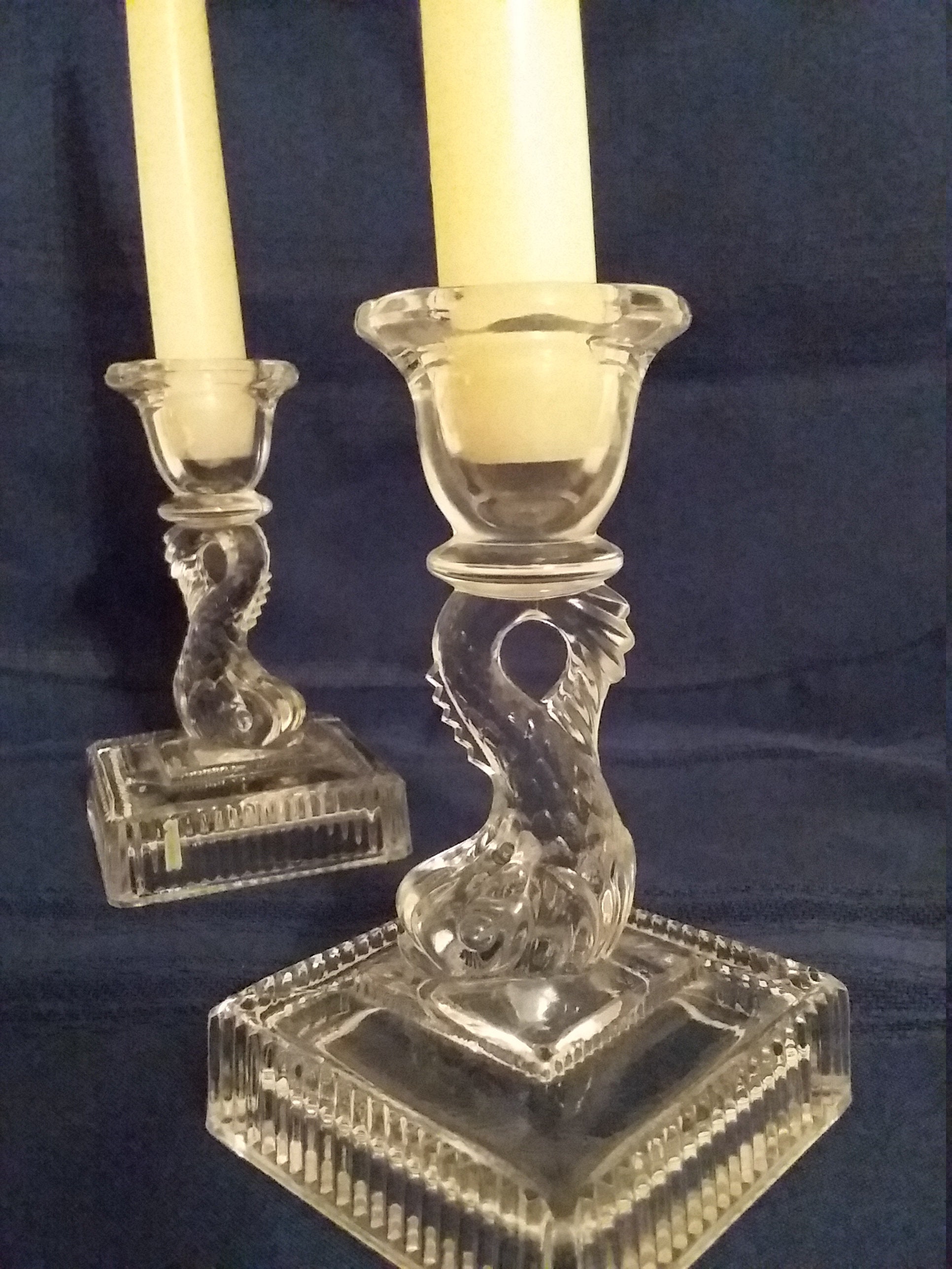 Vintage Pressed Glass Dolphin Candlesticks/candle Holders, Full of