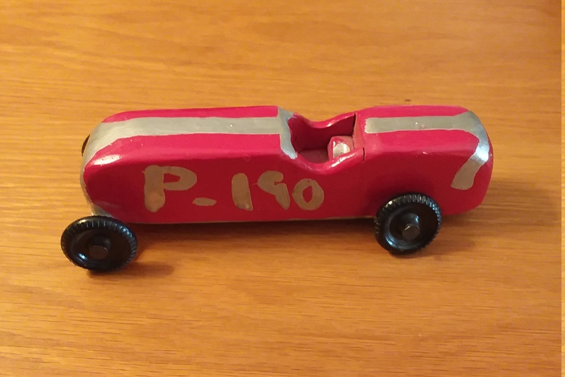 Pinewood Derby Racing Car. Handcarved, Handpainted With Pinewood Derby Decal on Both Sides