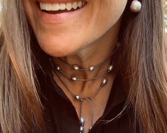 Metallic Leather and Pearl Rope to Wear as Necklace, Bracelet, Bag Charm, or Choker