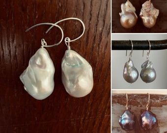 Large Baroque Pearl Drop Earrings in 14k-Gold-Fill or Sterling Silver with White, Silver, Pink-Gold or Peacock Pearls