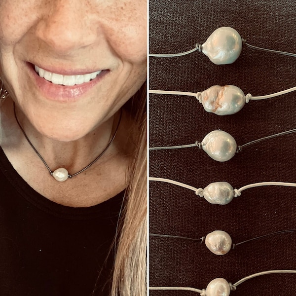 White Freshwater Pearl Chokers on Leather with Sterling Silver Clasp, Casual & Classic Chic