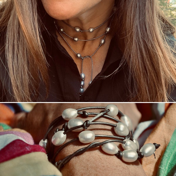Thin Metallic Leather Rope in Grey, Gold, White or Black with White, Grey Gold or Peacock Pearls, Easy to Wear as Wrap Necklace or Bracelet