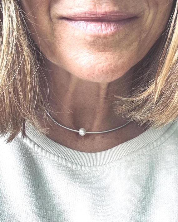 White Floating Pearl and Warm Silver Leather Choker
