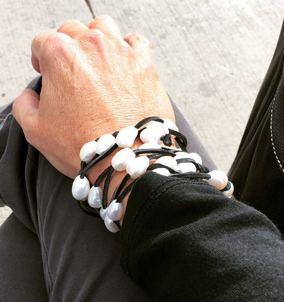 Brown or Black Suede Rope with Regular or Large White, Grey, Gold or Peacock Pearls, Easy to Wear as Wrap Bracelet or Necklace