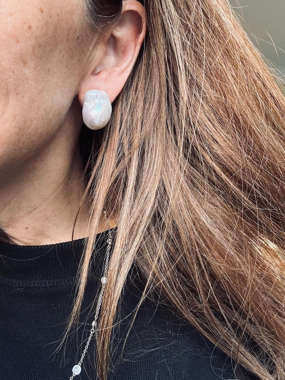Huge White Baroque Pearl Studs with Exceptional Surface Shine