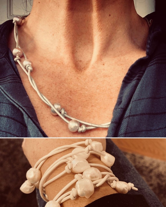 Thick Metallic Leather Rope in Grey, Gold, White or Black with White, Grey or Peacock Pearls, Easy to Wear as Wrap Bracelet or Necklace