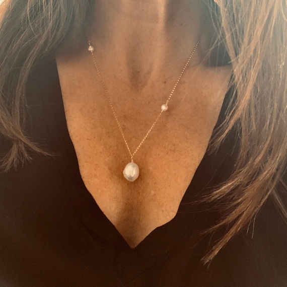 Three White Freshwater Pearl Necklace With Large Edison Pendant on