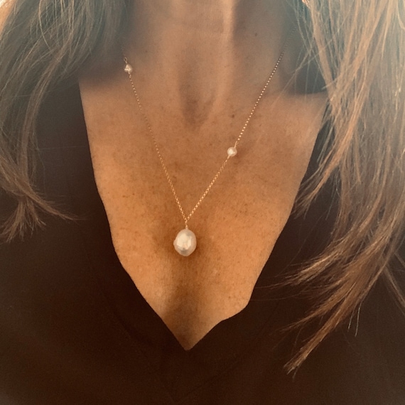 Three White Freshwater Pearl Necklace with Large Edison Pendant on 14k-Gold-Filled Chain, Charming, Whimsical, and Modern