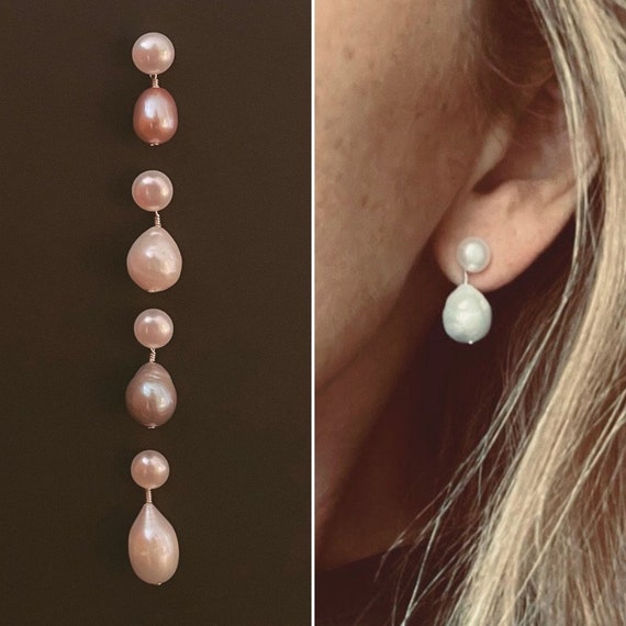 Swinging Studs with Attached Drops in Sterling Silver with White, Pink or Grey Pearls