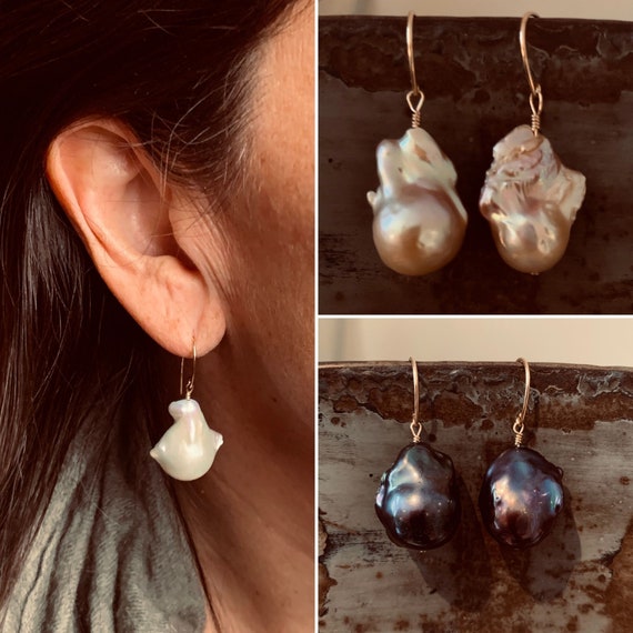 Big \ Large White or Pink Baroque Freshwater Pearl Drop Earrings Silver Filled.