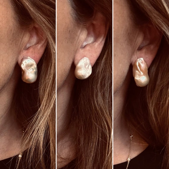 Huge Gold Baroque Pearl Studs, Impressive in Size and Totally Unique