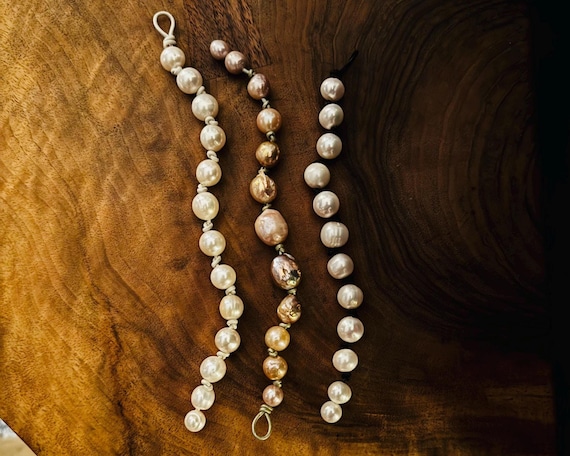 Baroque Pearl Knotted Leather Bracelets in White and Bronzy-Pink