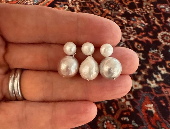 Double Pearl Drops in Sterling Silver with Pink, White or Grey Pearls